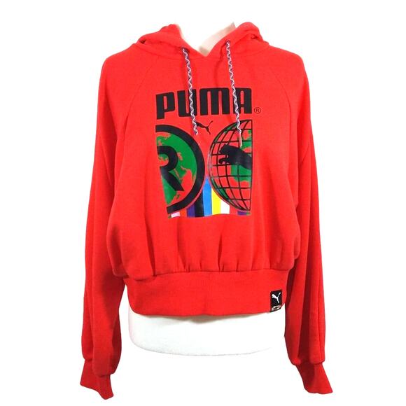 MR Puma INTL Red International Global Cat Logo Graphic Hoodie Sweater NWT S - Picture 1 of 9